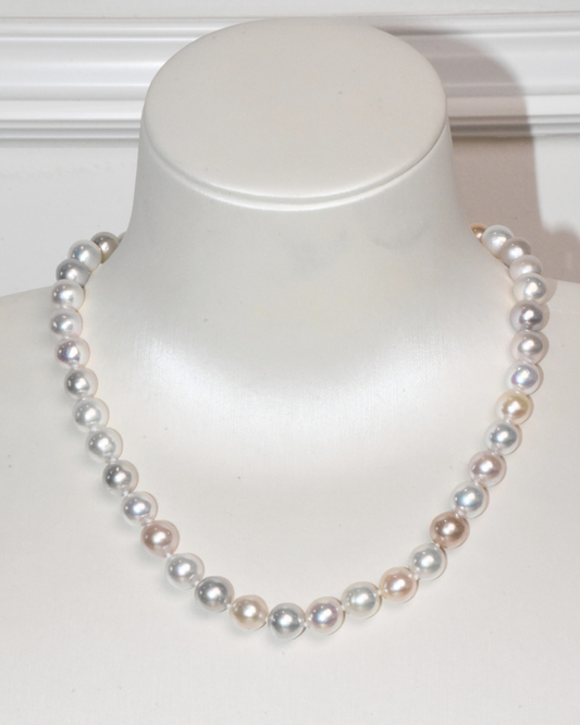 4A Freshwater Round Necklace in Silver 925 WG Plated - Double flower clasp  - Silver/Grey (7 -8mm)