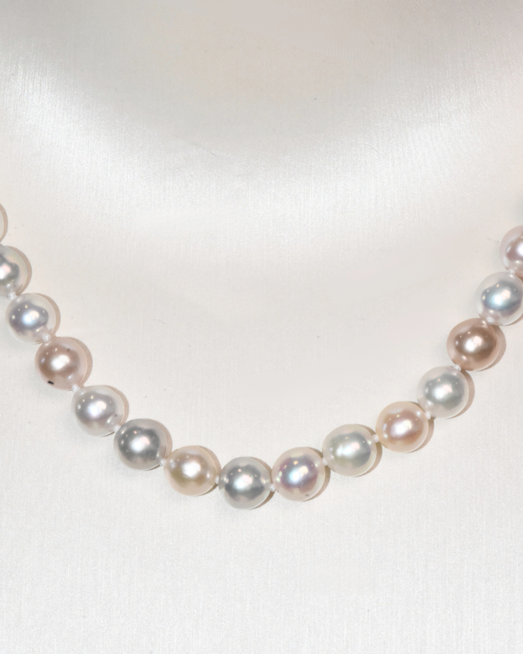4A Freshwater Round Necklace in Silver 925 WG Plated - Double flower clasp  - Silver/Grey (7 -8mm)