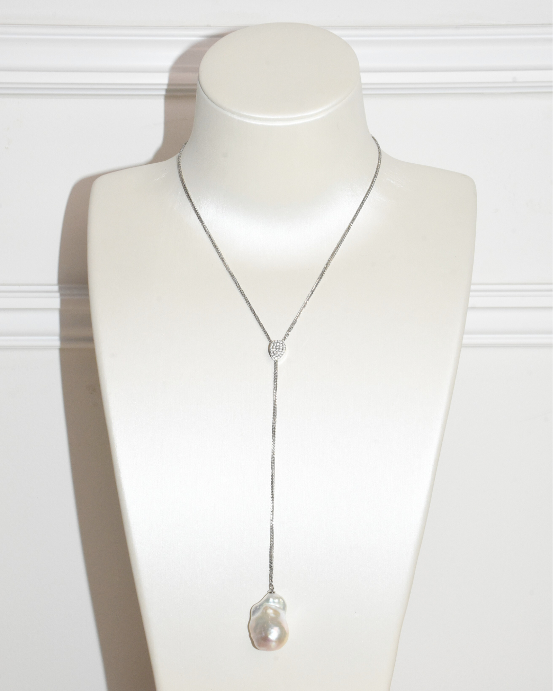 3A Freshwater Baroque Necklace in Silver 925 WG Plated - Model B : Y Shape Pendant - White (15 -17mm)