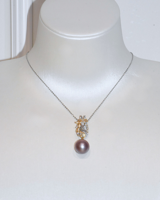 4A Freshwater Round Necklace in Silver 925 WG Plated - White Stallion - Purple (12.7mm)