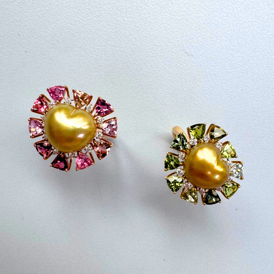 South Sea Golden Philippines Heart Ring in 18K Gold - with Natural Green Tourmaline & Diamond - Gold (12mm) 2.35ct T / D0.153ct