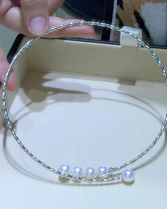 4A Freshwater Round Necklace in Silver 925 White Gold Plated - Cinq Bar Necklace - White (8-9mm)