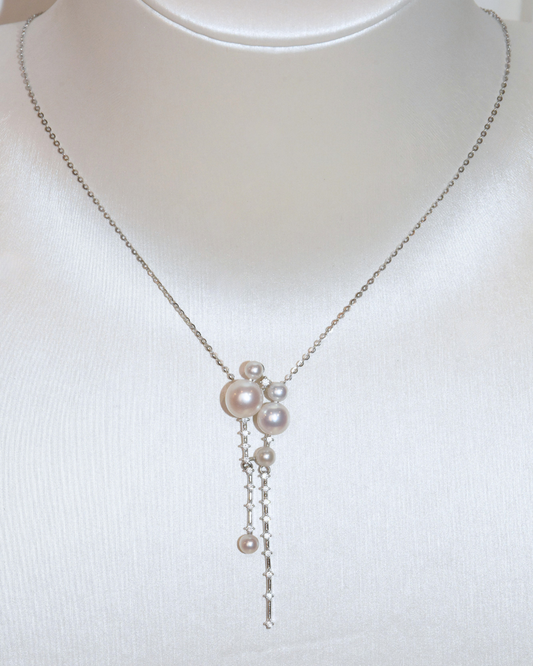 5A Freshwater Button Necklace in Silver 925 WG Plated - Moonfal Lariat - White (3 -7mm)