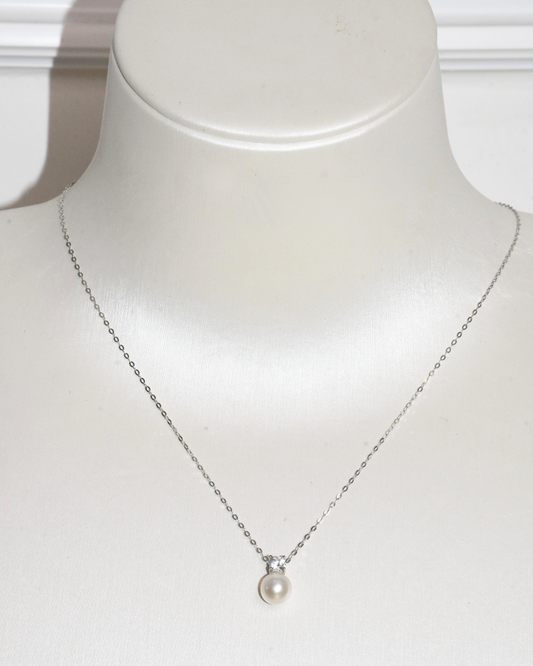 4A Freshwater Round Necklace in Silver 925 WG Plated - Pearl CZ pendant - White (6 -7mm)