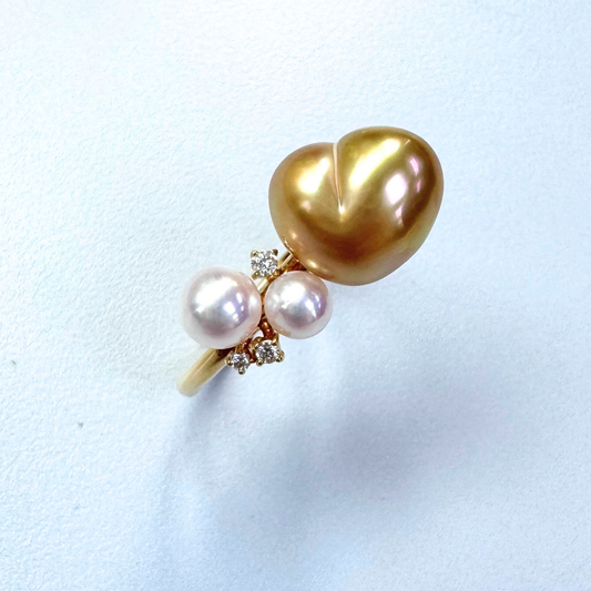 South Sea Golden Philippines Heart Ring in 18K Gold - with Akoya & Natural Diamond - Gold (12mm) D0.05ct