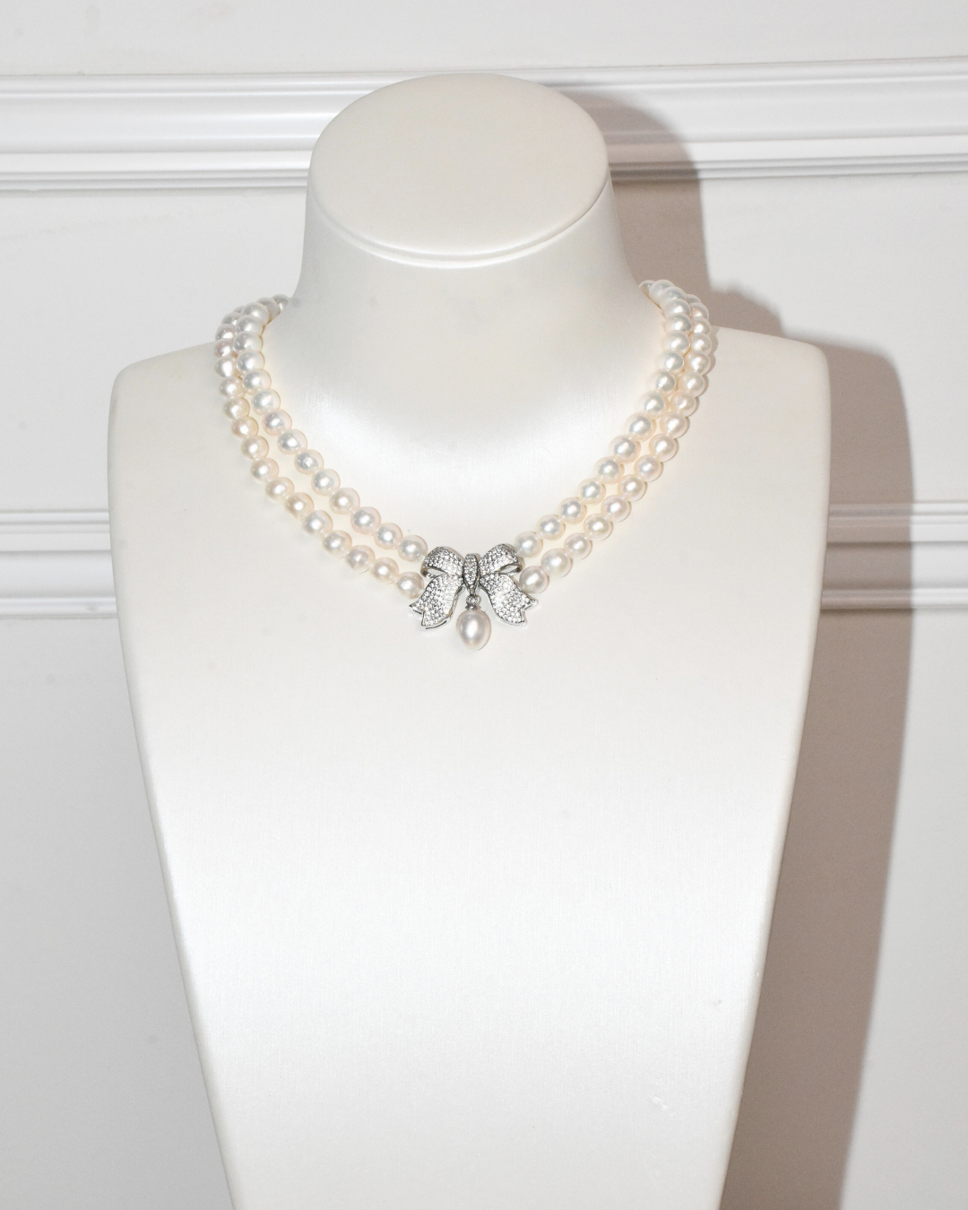 4A Freshwater Near Round Necklace in Copper - Double strand layers with ribbon Pearl Drop  - White (7 -8mm)