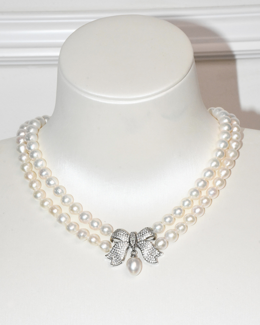 4A Freshwater Near Round Necklace in Copper - Double strand layers with ribbon Pearl Drop  - White (7 -8mm)