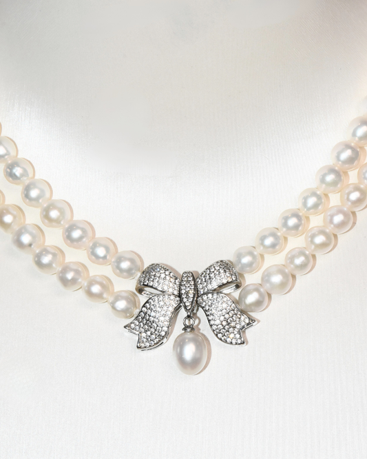 4A Freshwater Near Round Necklace in Copper - Double strand layers with ribbon Pearl Drop  - White (7 -8mm)