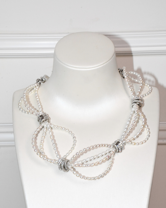 4A Freshwater Rice Necklace in Silver 925 WG Plated - Luxury  Three strands - White (3 -4mm)