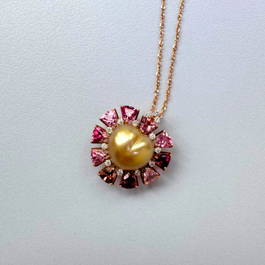 South Sea Golden Philippines Heart Necklace in 18K Gold - with Natural Pink Tourmaline & Diamond - Gold (12mm) 2.7ct T / D0.199ct