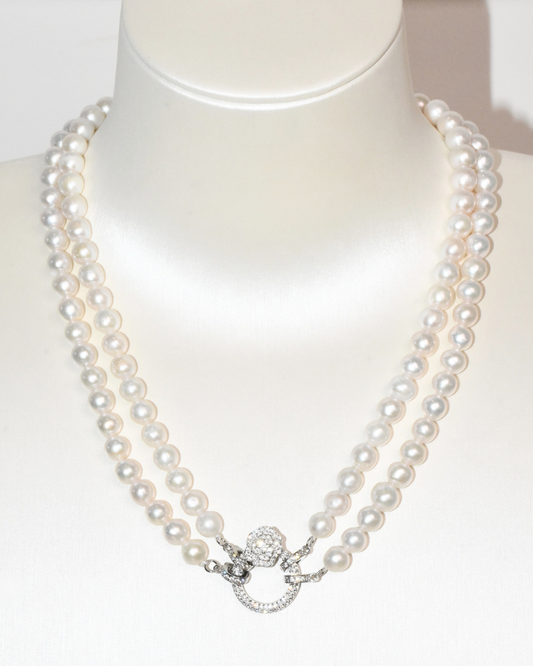 4A Freshwater Near Round Necklace in Silver 925 WG Plated - Double strand layers with ribbon Flower - O- Clasp  - White (7 -8mm)