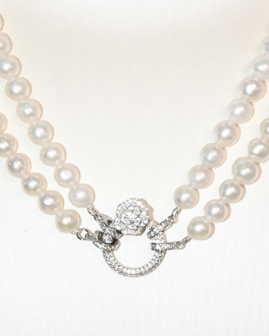 4A Freshwater Near Round Necklace in Silver 925 WG Plated - Double strand layers with ribbon Flower - O- Clasp  - White (7 -8mm)