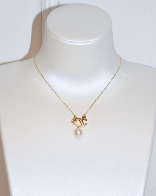 4A Freshwater Round Necklace in Silver 925 Gold Plated - CNY - Rocking Horse Pearl  - White (9mm)