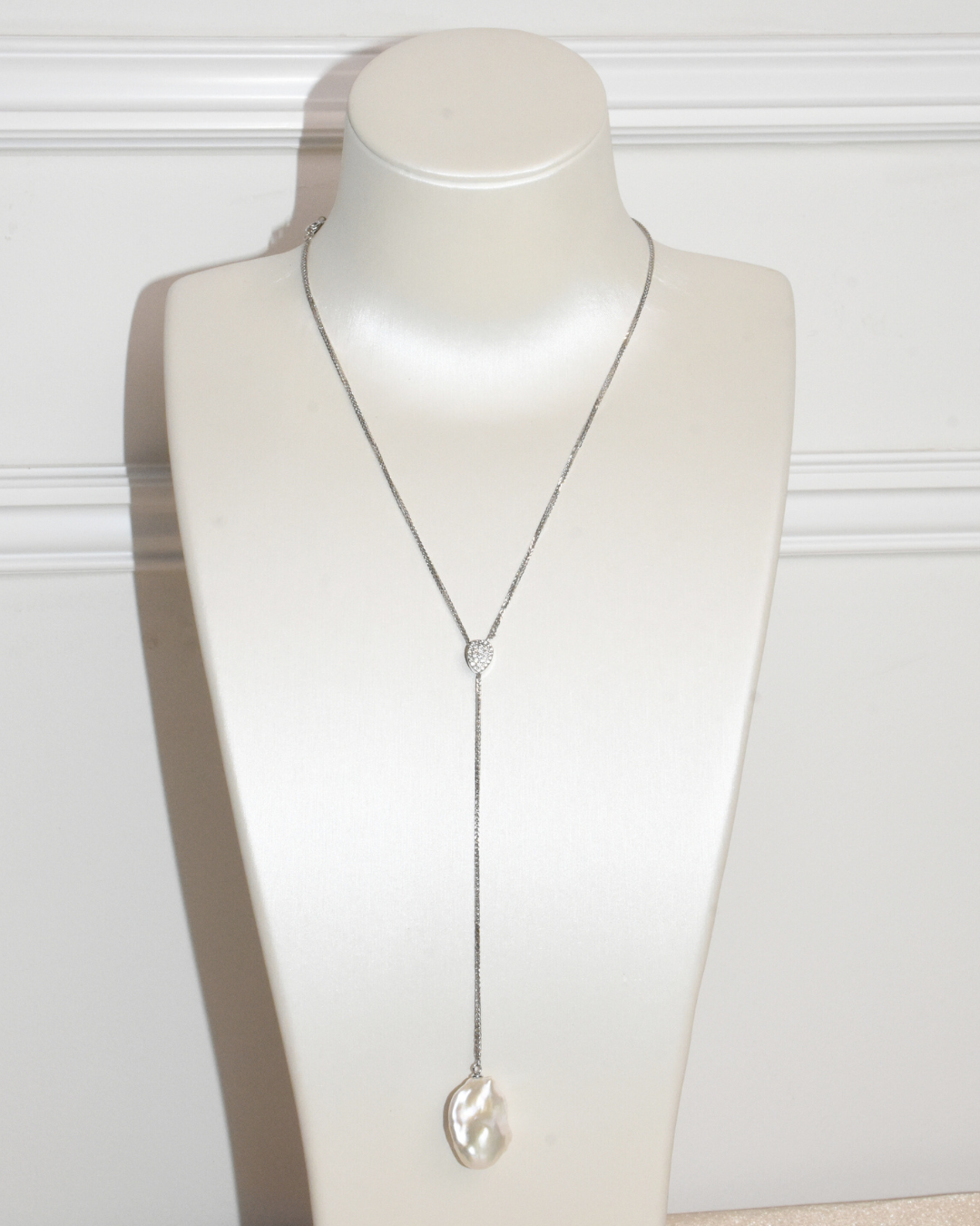3A Freshwater Baroque Necklace in Silver 925 WG Plated - Model B : Y Shape Pendant - White (15 -17mm)