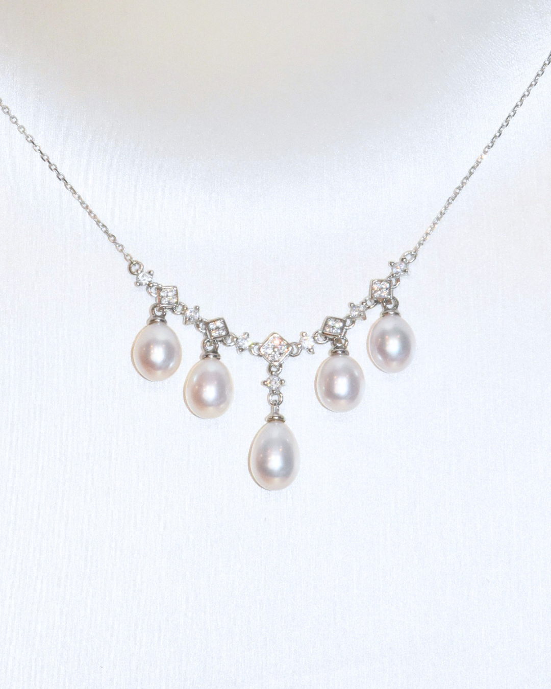 4A Freshwater Drop La Cascade Necklace in Silver 925 WG Plated - White (7 -8mm)