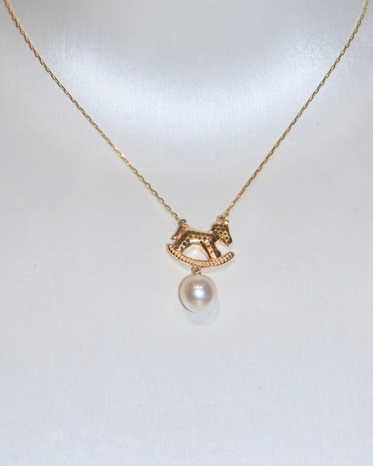 4A Freshwater Round Necklace in Silver 925 Gold Plated - CNY - Rocking Horse Pearl  - White (9mm)