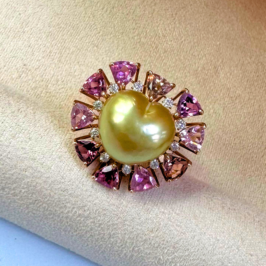 South Sea Golden Philippines Heart Ring in 18K Gold - with Natural Pink Tourmaline & Diamond - Gold (12mm) 2.52ct T / D0.151ct