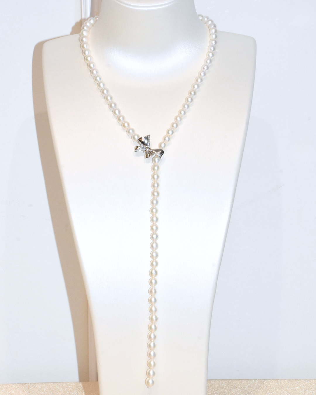 4A Freshwater Near Round Long Necklace in Silver 925 WG Plated - Ribbon Clasp With CZ - White (7 -8mm)