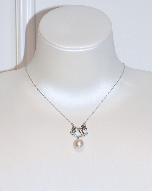4A Freshwater Round Necklace in Silver 925 WG Plated - CNY - Rocking Horse Pearl  - White (9mm)