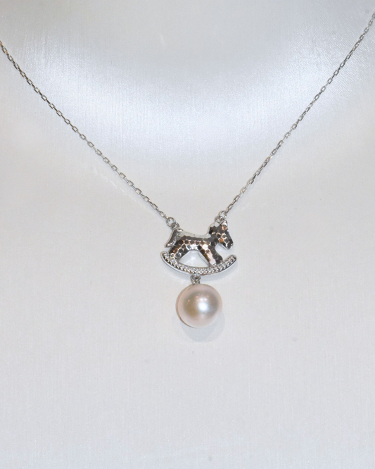 4A Freshwater Round Necklace in Silver 925 WG Plated - CNY - Rocking Horse Pearl  - White (9mm)