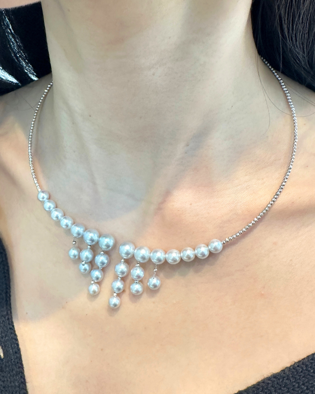 5A Japanese Akoya Round Necklace in 18K White Gold - Hemp Akoya Pearl - Blue (6-9mm)
