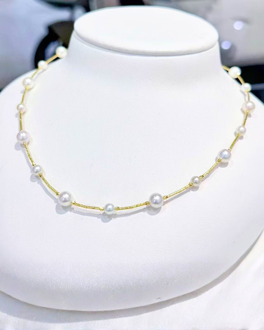4A Japanese Akoya Round Necklace in 18K Gold - Classic Dot Necklace - White (4.5-7mm)