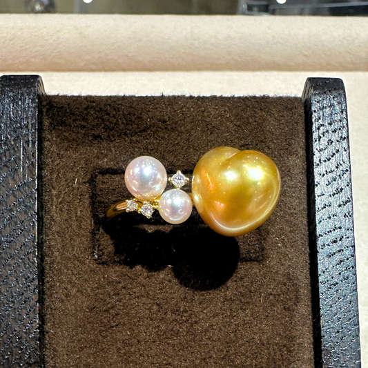 South Sea Golden Philippines Heart Ring in 18K Gold - with Akoya & Natural Diamond - Gold (12mm) D0.05ct