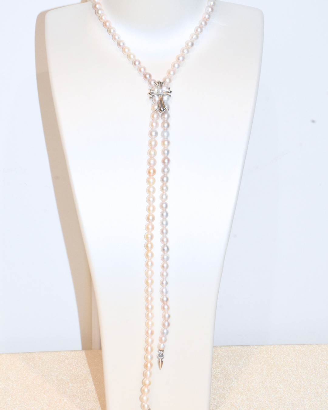 4A Freshwater Near Round Long Necklace in Silver 925 WG Plated - Chrome Hearts Cross Clasp - Silver/Grey (6 -7mm)