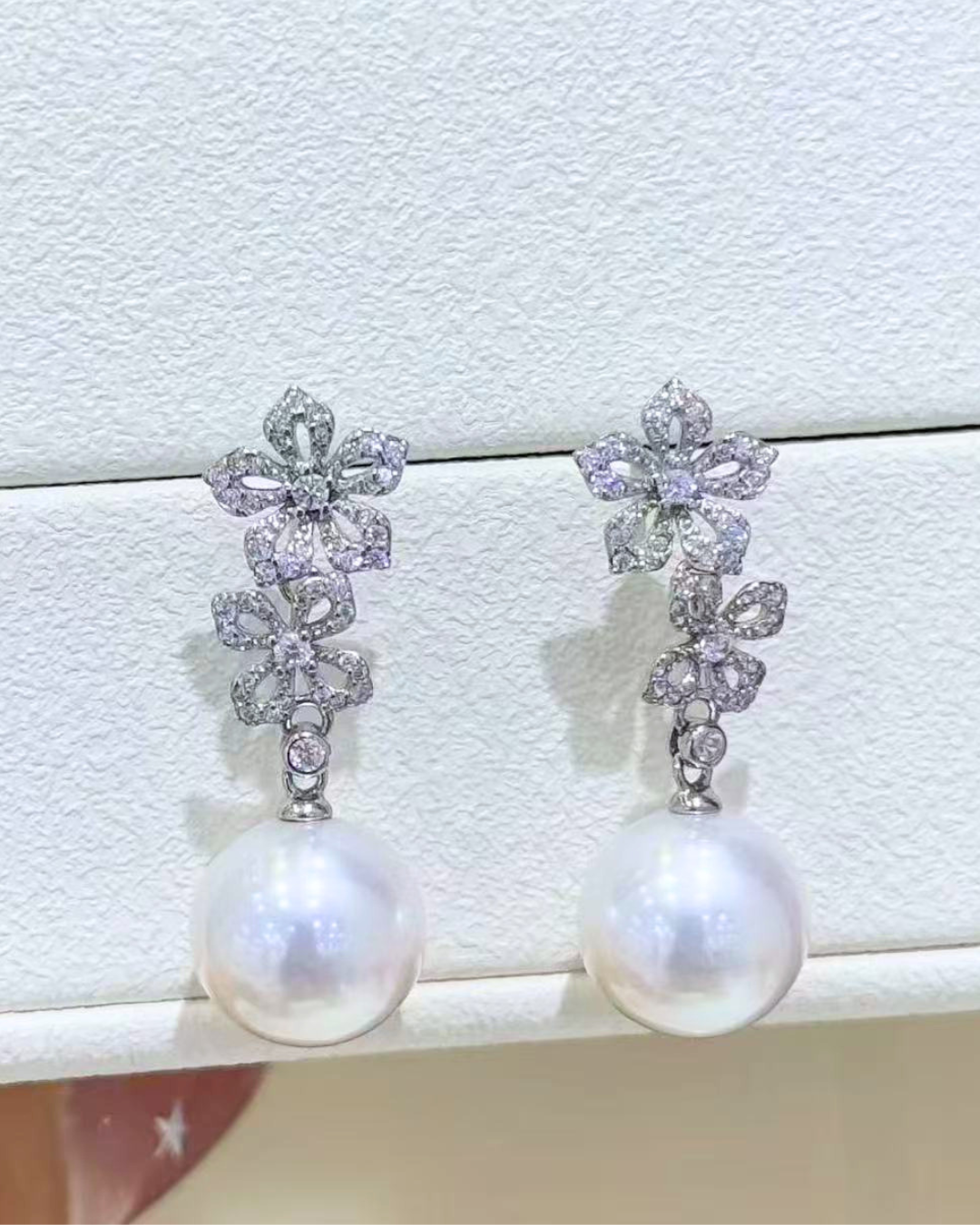 5A Freshwater Round Earring in Silver 925 White Gold Plated - Double Bloom Drop Earrings - White (11-12mm)