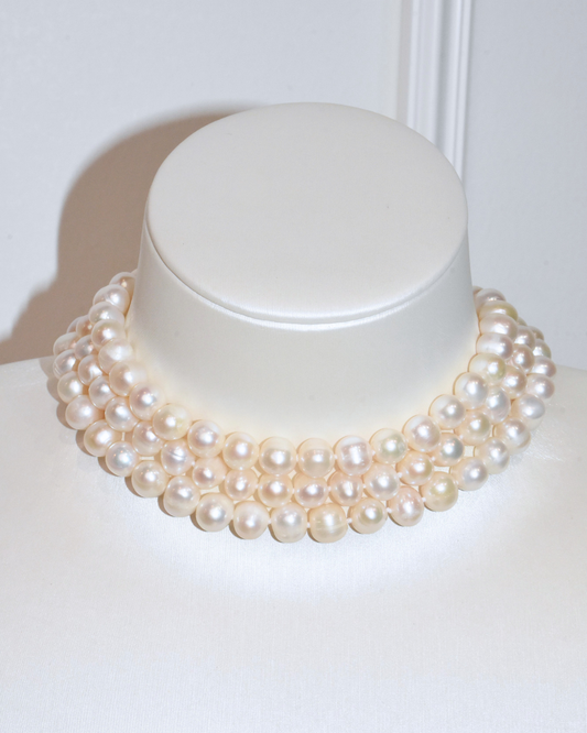 3A Freshwater Near Round Necklace in Copper - Triple layers  - White (9 -10mm)