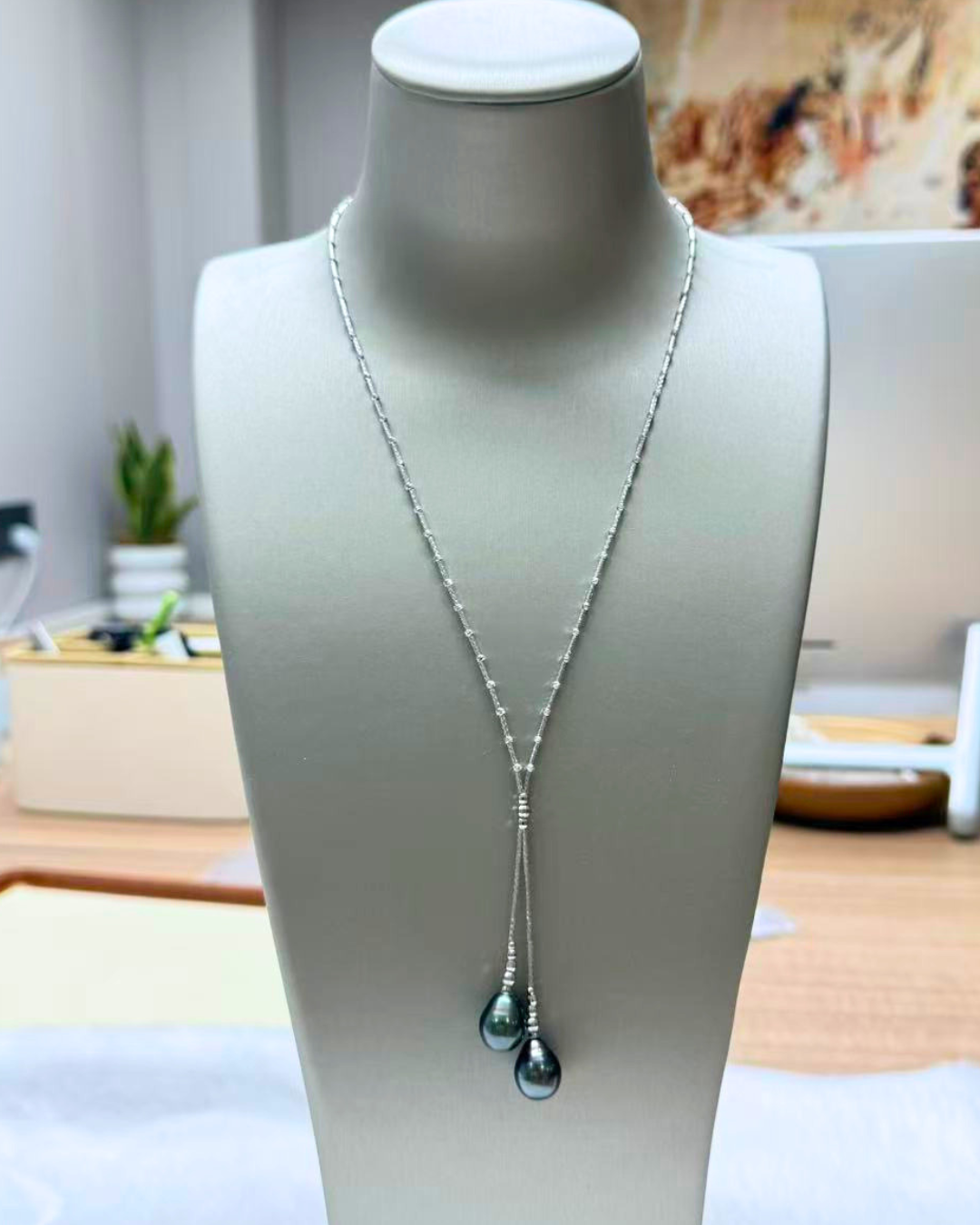 3A Tahitian Drop Necklace in Silver 925 White Gold Plated - Green (11-12mm)
