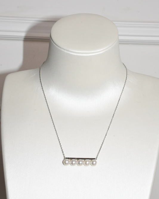4A Freshwater Round Necklace in Silver 925 WG Plated - Pav One-Layer Five-Pearls Bar  - White (6 -7mm)