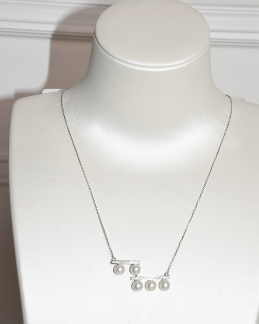 5A Freshwater Round Necklace in Silver 925 WG Plated - Pav Two-Layers Five-Pearls Bar  - White (6 -7mm)