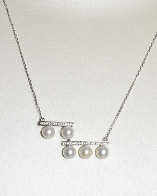 5A Freshwater Round Necklace in Silver 925 WG Plated - Pav Two-Layers Five-Pearls Bar  - White (6 -7mm)