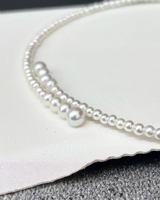 4A Freshwater Round Necklace in Stainless Steel - Classic Graduated Circle Necklace - White (3-6mm)