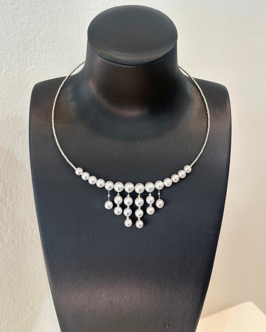 5A Japanese Akoya Round Necklace in 18K White Gold - Hemp Akoya Pearl - Blue (6-9mm)
