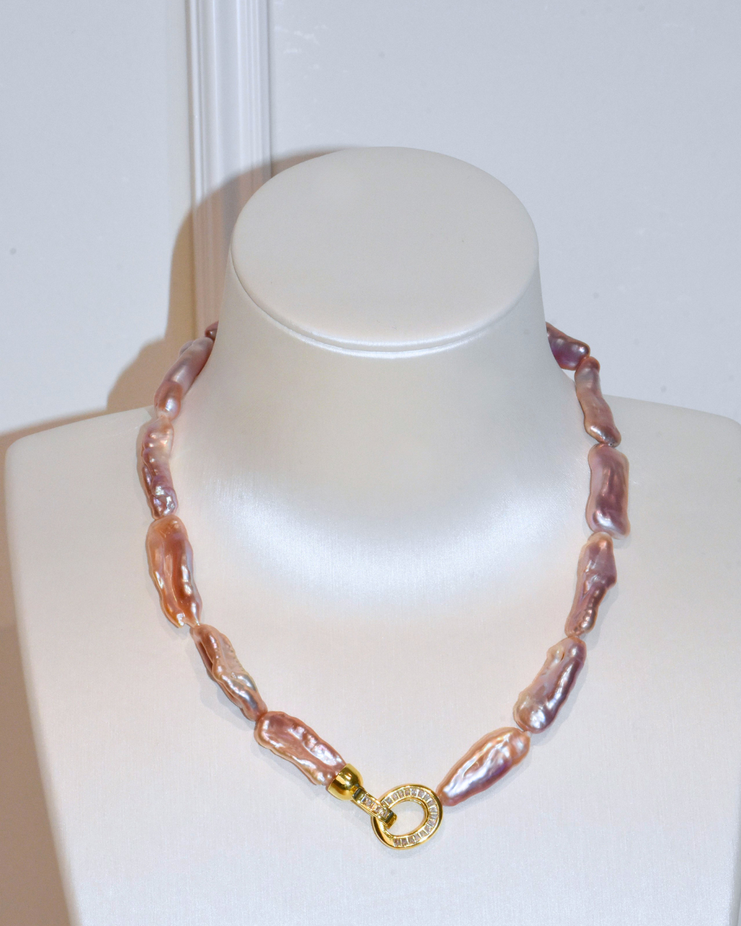 4A Freshwater Long Pipa Necklace in Copper - Purple pearl - O Clasp with CZ - Rose Overtone (15 -20mm)