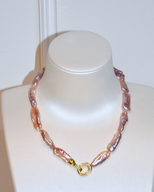 4A Freshwater Long Pipa Necklace in Copper - Purple pearl - O Clasp with CZ - Rose Overtone (15 -20mm)