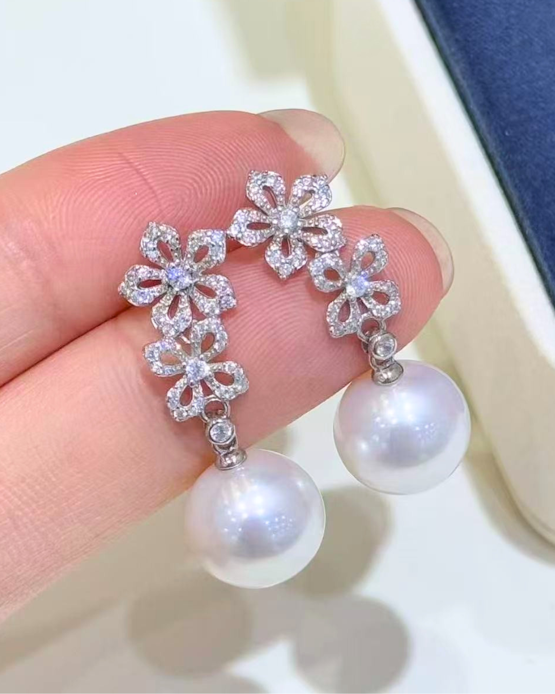 5A Freshwater Round Earring in Silver 925 White Gold Plated - Double Bloom Drop Earrings - White (11-12mm)