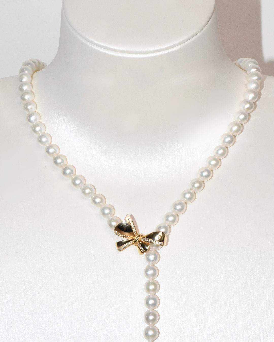 4A Freshwater Near Round Long Necklace in Silver 925 Gold Plated - Ribbon Clasp With CZ - White (7 -8mm)