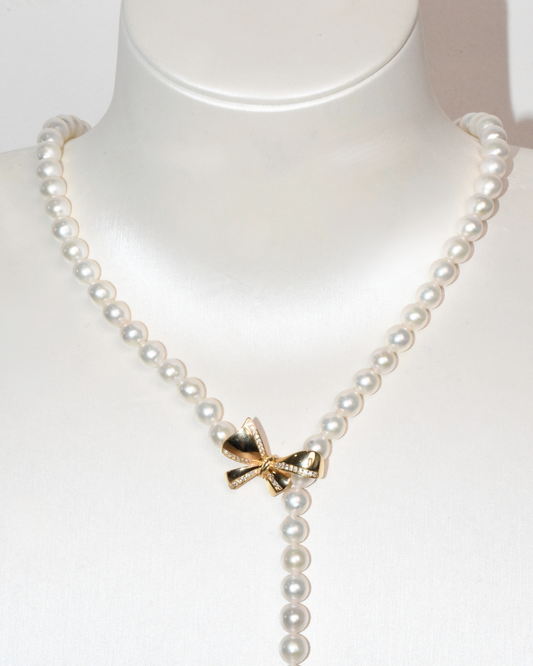 4A Freshwater Near Round Long Necklace in Silver 925 Gold Plated - Ribbon Clasp With CZ - White (7 -8mm)