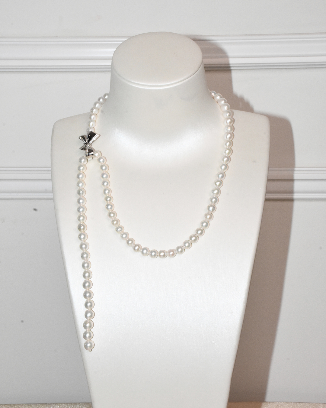 4A Freshwater Near Round Long Necklace in Silver 925 WG Plated - Ribbon Clasp With CZ - White (7 -8mm)