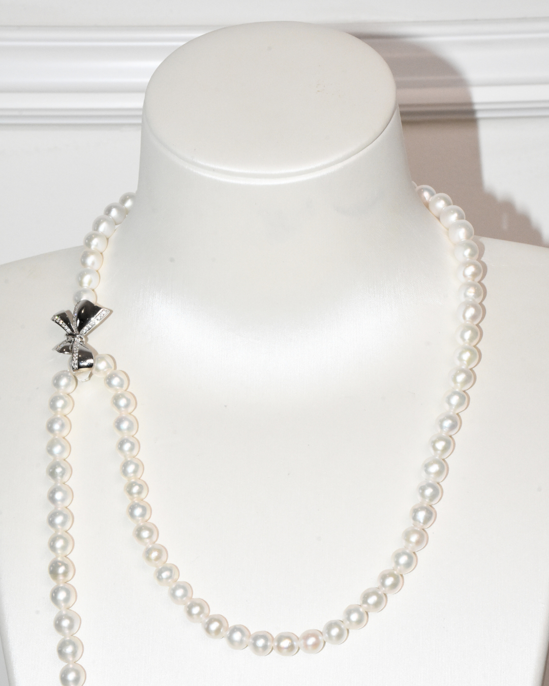 4A Freshwater Near Round Long Necklace in Silver 925 WG Plated - Ribbon Clasp With CZ - White (7 -8mm)