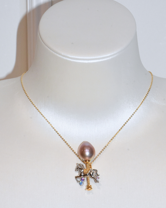 4A Freshwater Oval Necklace in Silver 925 Gold Plated - The Enchanted Horse - Forever Spinning - Orient (11.8mm)
