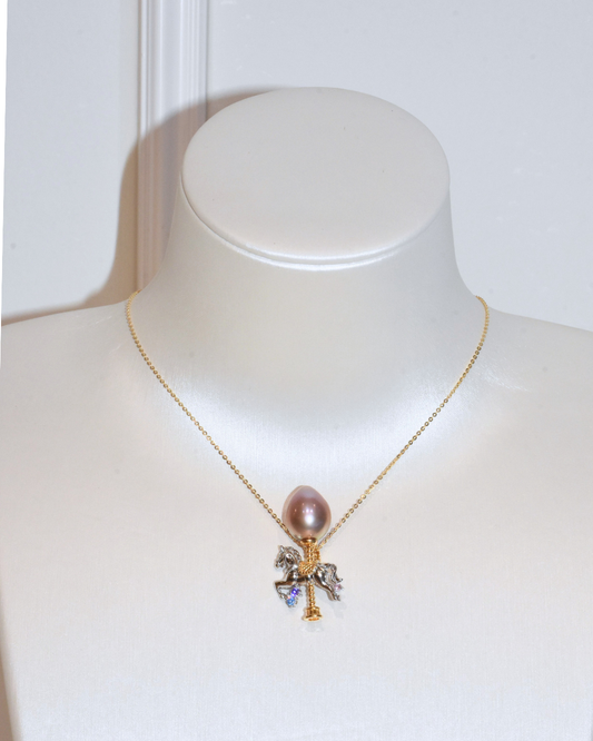 4A Freshwater Oval Necklace in Silver 925 Gold Plated - The Enchanted Horse - Forever Spinning - Orient (11.8mm)