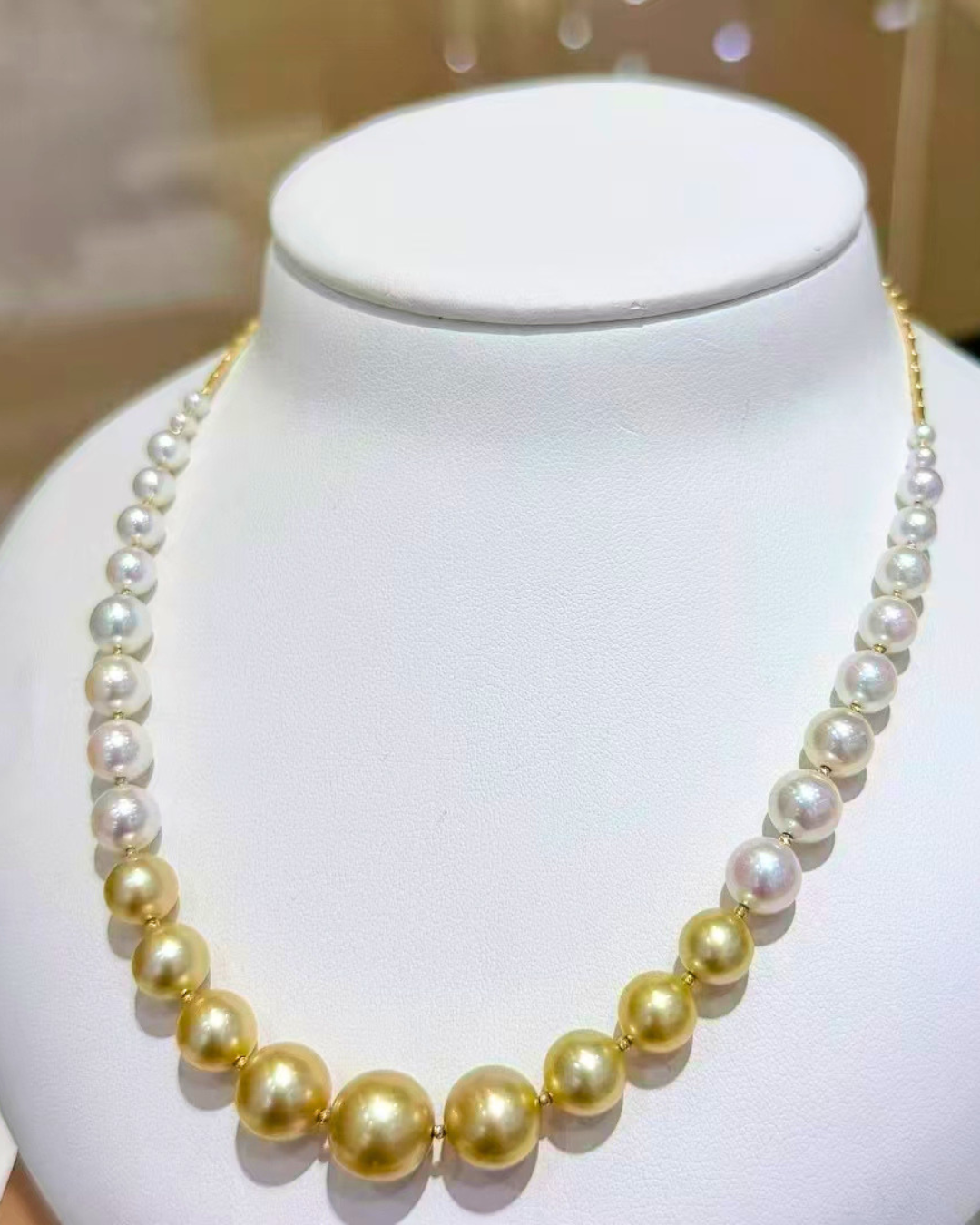 4A South Sea Golden Philippines & Akoya Round Necklace in 18K Gold - Graduated Akoya 3.5-8mm to South Sea 8-11mm - Gold