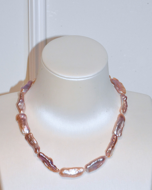 4A Freshwater Long Pipa Necklace in Copper - Purple pearl - O Clasp with CZ - Rose Overtone (15 -20mm)
