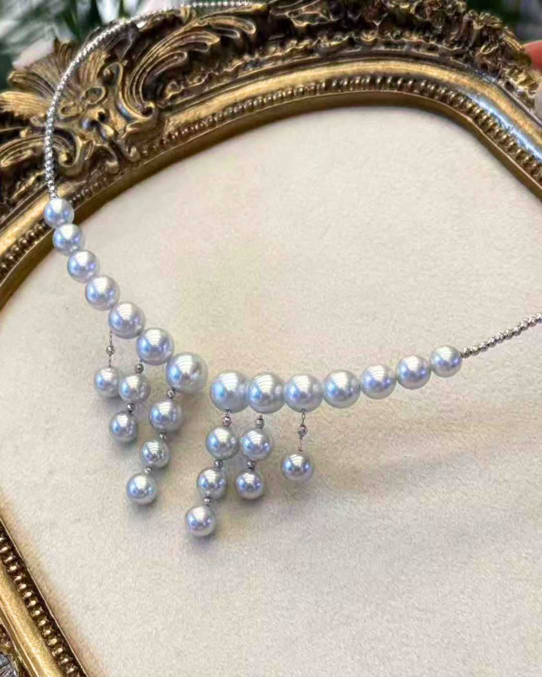 5A Japanese Akoya Round Necklace in 18K White Gold - Hemp Akoya Pearl - Blue (6-9mm)