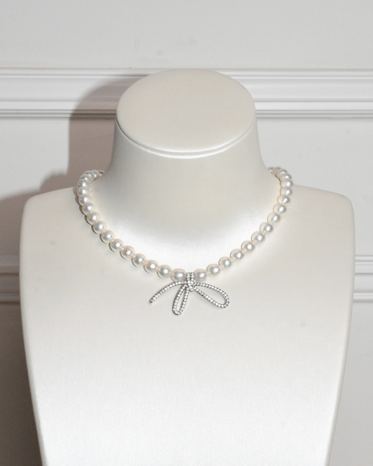 4A Freshwater Near Round Necklace in Copper - Ribbon Pendant - White (6 -7mm)