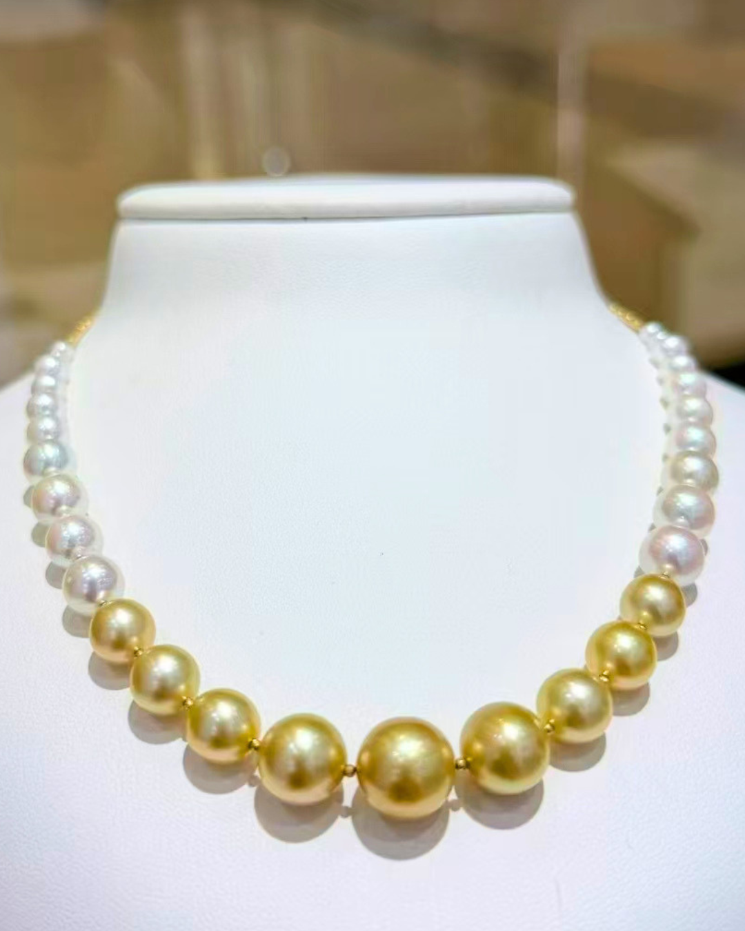 4A South Sea Golden Philippines & Akoya Round Necklace in 18K Gold - Graduated Akoya 3.5-8mm to South Sea 8-11mm - Gold